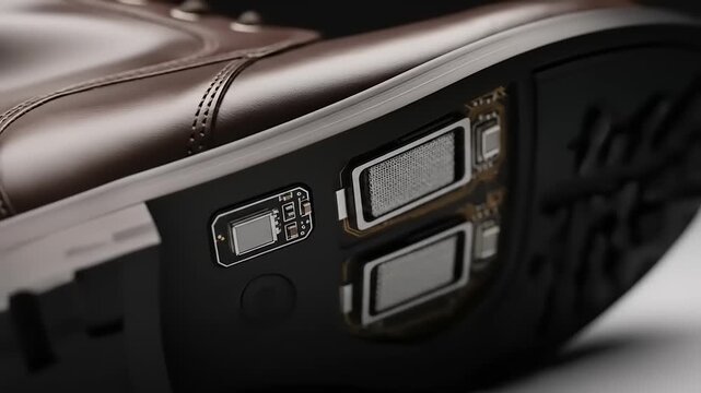 Closeup of Smart Shoe Sole with Integrated Electronic Components and Sensors for Advanced Footwear Technology.