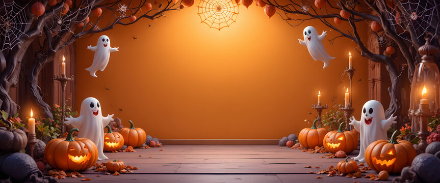 3D toon Halloween background in fun and bright style, decorated with ghosts, pumpkins, spider webs, and candles framing the scene, open space at the center