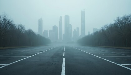Empty parking lot on foggy day with city skyline in mist. Wet asphalt road with white lines leads to modern skyscrapers. Leafless trees flank deserted urban street creating gloomy, quiet, mysterious