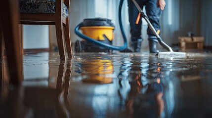 Obraz premium Worker cleaning flooded room after plumbing failure using professional water vacuum equipment