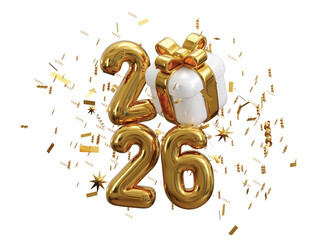 2026 Happy New Year with gift box 3d render concept of gift box with 2026 Golden metal number and party confetti 3d render vector illustration