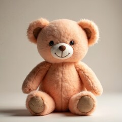 Fototapeta premium Fluffy peach color teddy bear sits. Soft toy animal with fuzzy fabric for kids. Cute plush bear for nursery decoration. Gift for baby shower or kid birthday present.