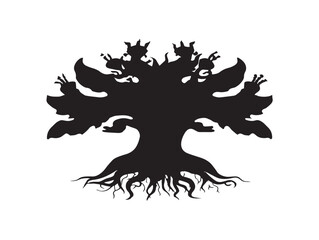 Holistic healing roots tree shape in detailed 2D vector line art format  