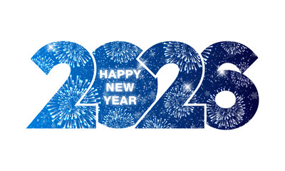 Happy New Year 2026 text design. Firework and snowfall. Vector illustration.
