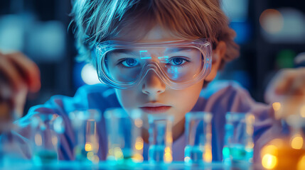 Boy scientist wearing goggles mixing test tubes top view exploring curiosity digital binary as object vivid