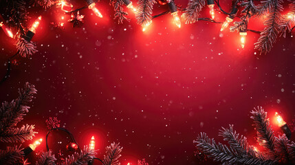 Enchanting Christmas scene with fairy lights, snow-covered fir branches, and falling snowflakes on a bold red backdrop, perfect for festive designs