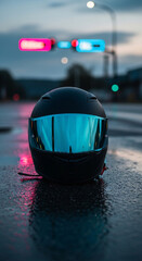 Fototapeta premium Sleek matte helmet on rainy asphalt, neon street light reflections, atmospheric urban styling 