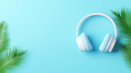 Working in the office, Desktop setup featuring headphones and microphone, optimized for high fidelity in a flat-lay style.