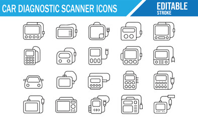 Automotive diagnostic scanner icon set for car repair and maintenance tools