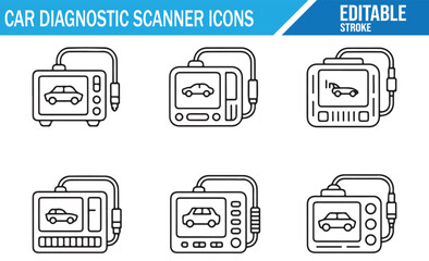 Set of car diagnostic scanner icons, automotive testing and repair device symbols, line art vector illustration of mechanic tools for vehicle inspection, maintenance, and OBD system check, editable st