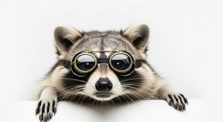 Obraz premium raccoon wearing goggles on it's head on a solid white background
