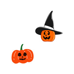 Cute Halloween Pumpkin with Witch Hat on Transparent Background Vector Illustration. 