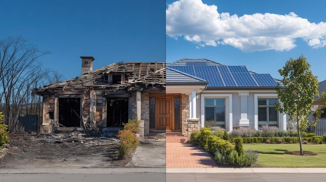 Before and after image of residential house showing transformation from fire damaged property to fully restored modern home with solar panels