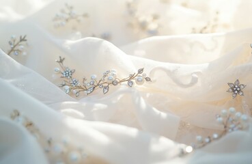 Close-up of luxurious white fabric adorned with delicate pearls, shimmering crystals. Soft texture creates romantic atmosphere perfect for wedding event decoration. Radiates elegance, sophistication.