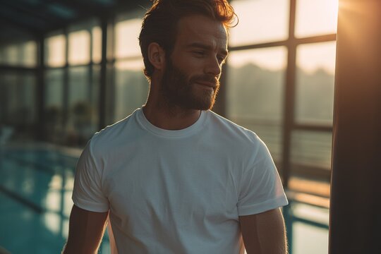 Man enjoying warm sunlight by the pool during early evening in a modern indoor space