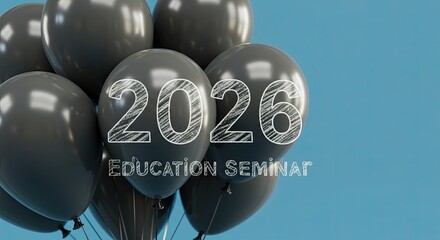 2026 Education Seminar Celebration with Black Balloons on Blue Background.