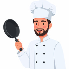 Happy chef smiling while holding a frying pan ready to cook delicious meals for hungry customers in his restaurant