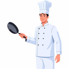 Confident chef prepares delicious meal, holding frying pan expertly in kitchen, culinary arts professional at work