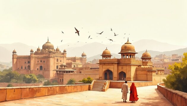 Illustration of historical Indian architecture in Rajasthan. The artwork presents old buildings with domes and arches. A couple walks along a path. Birds fly over city.