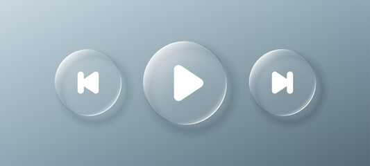 Media player buttons with liquid glass morphism style. Modern user interface element for application design or web page navigation. Vector illustration.