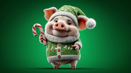 Charming cartoon pig in a christmas sweater and hat, holding a candy cane, perfect for holiday greetings and designs - Powered by Adobe