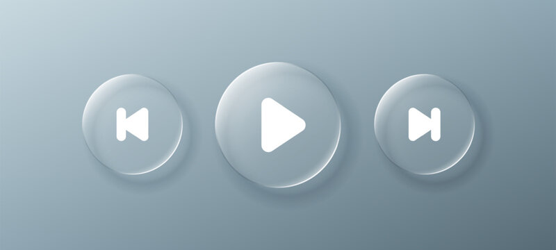 Media player buttons with liquid glass morphism style. Modern user interface element for application design or web page navigation. Vector illustration.