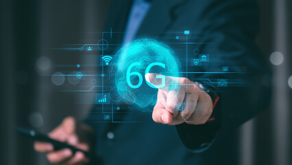 Businessman holding global network connection on 6G technology and futuristic advancement, future...