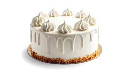 Delicious frosted cake with meringue swirls, white drips, and a nut base