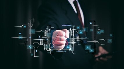 businessperson raising a fist in victory while interacting with a futuristic digital interface, symbolizing success in cybersecurity and data protection.