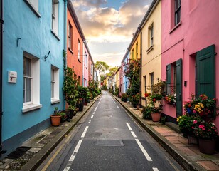 Fototapeta premium Narrow cobblestone street flanked by vibrantly painted row houses. Colorful facades, flowers, and a sunset sky