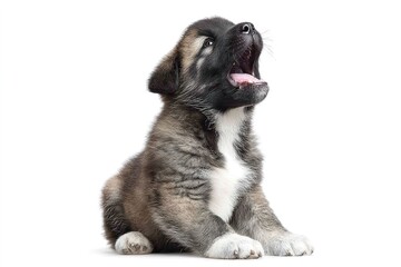 Obraz premium Playful and energetic puppy yawning on a white background during a bright afternoon