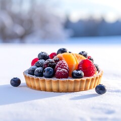 Delicious fruit tart with berries and oranges in a winter landscape