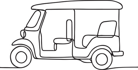 Minimalist Line Drawing of Tuk Tuk Auto Rickshaw Urban Transport Vehicle on White Background