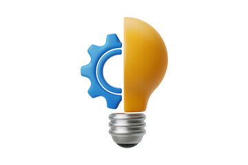 3d illustration icon of lightbulb with a gear mechanism . Isolated on transparent background, png