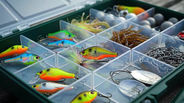 Detailed close up of a fishing tackle box brimming with an array of vibrant lures, wobblers, hooks, and sinkers used to attract and catch predatory fish