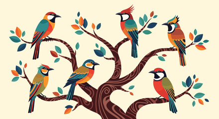 Obraz premium Colorful Birds Perched on Tree Branches in Nature.