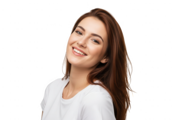 Young woman smiling tilting her head, isolated on transparent background