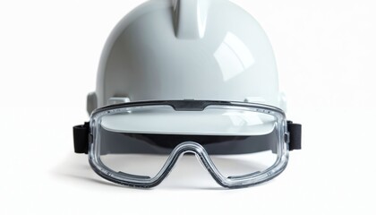Protective workwear on white. Safety helmet, goggles protect from danger. Construction builder equipment ensures workplace hazard prevention. Personal protective gear for industry job. Head