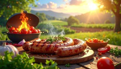 Delicious grilled sausage and tomatoes prepared on a beautiful sunny day