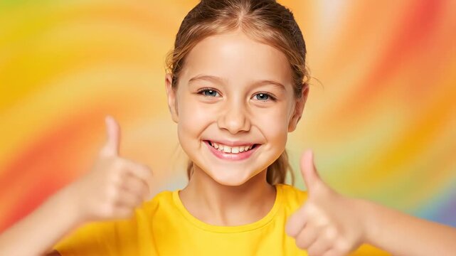 Happy little girl smiling and winking at the camera while showing a thumbs up gesture of approval on a colorful abstract background