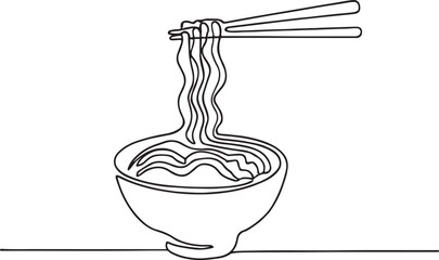 Continuous Line Drawing of Ramen Bowl with Chopsticks Asian Cuisine Illustration