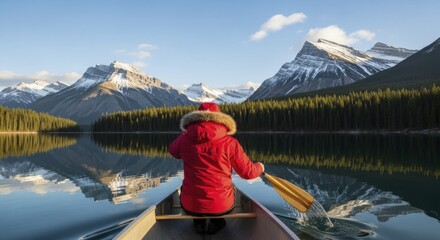 Canoeist in red winter coat paddling calm mountain lake, reflecting snow-capped peaks and pine trees