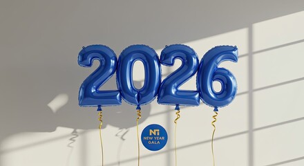 Blue 2026 Balloons Floating Against a Bright Wall with Sunlight and Shadows.