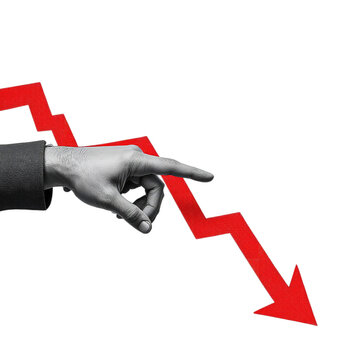 Hand pointing at a downward trending arrow isolated on transparent background