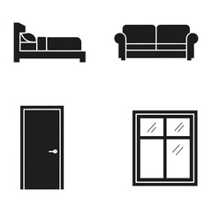 Furniture Set Icons: Minimalist design of essential furniture, including a bed, sofa, door, and window. Creating a visually cohesive set for interior design.