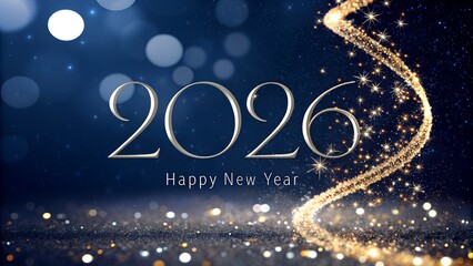 Fototapeta premium Happy new year 2026 celebration with golden sparkling lights and bokeh effect on dark blue background