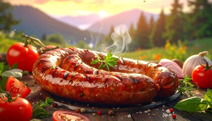 Delicious grilled sausage with fresh vegetables outdoors