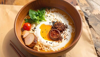 Ramen on a wooden bowl