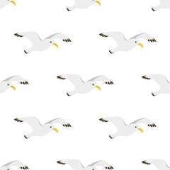 flying seagulls, birds in flight isolated on white background, cartoon seamless pattern with seabird in flat style