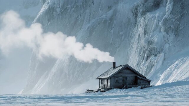 Cozy, off-grid cabin emitting smoke in snowy winter landscape  